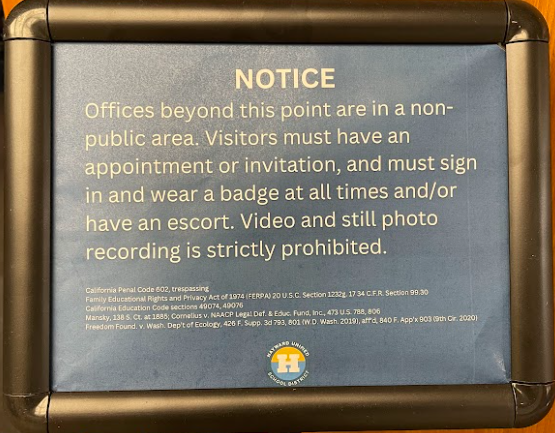 New signage at district office restricts access after first amendment auditors visit.