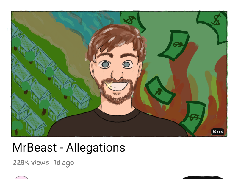 Cartoon of Mr. Beast responding to allegations.